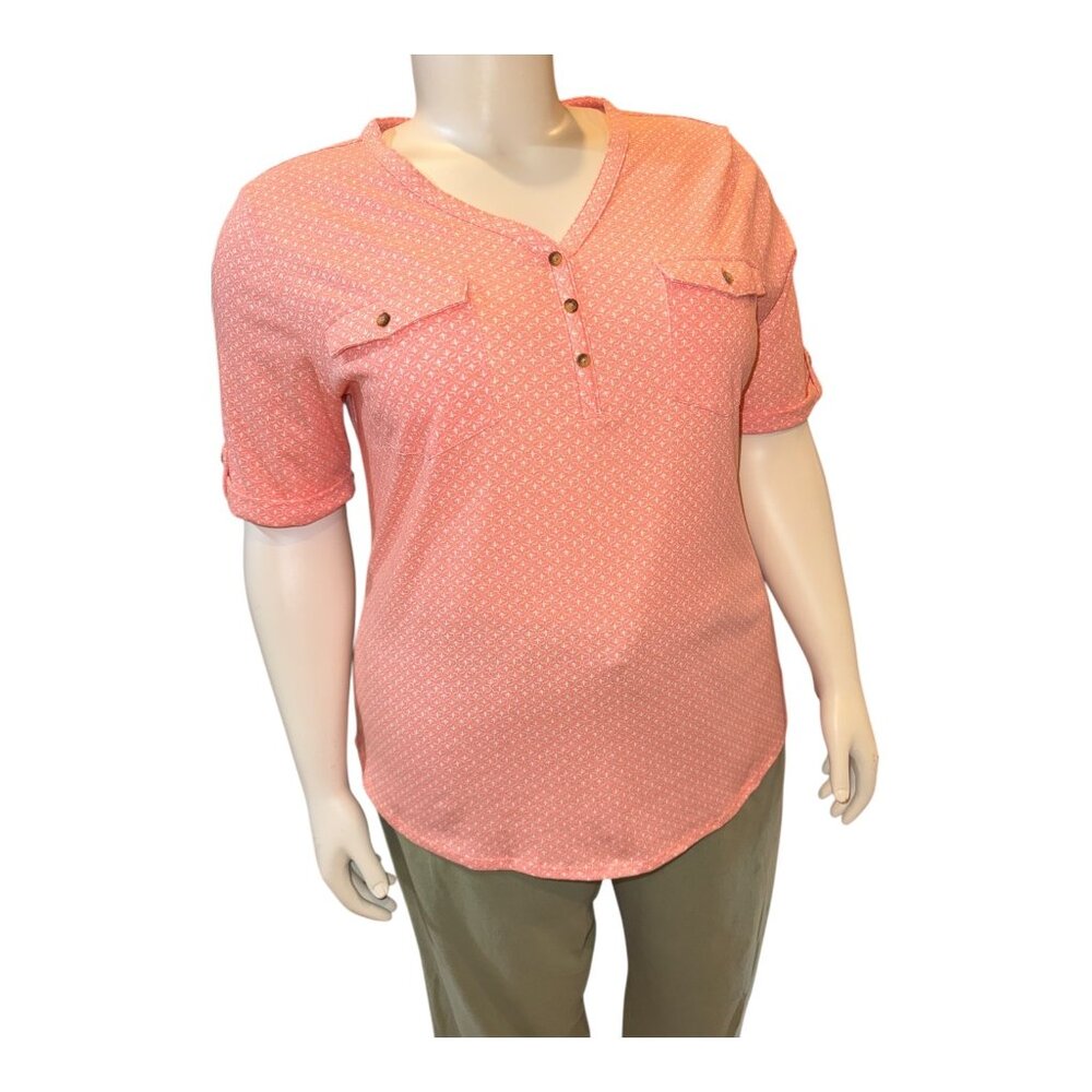 Croft & Barrow Salmon Pink 3-Button V-Neck Short Sleeve Top Women's Size XXL